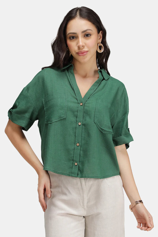Linen Boxy Shirt with Curved Hem for Women Lightweight Soft Fabric Casual Outfit
