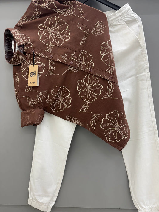 Chic Brown Flower Print Shirt and Linen Pants for Stylish Everyday Outfits