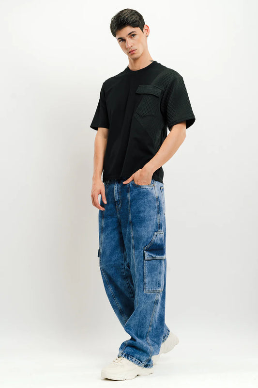 Blue Flap Pocket Men's Straight Cargo Jeans with Trendy Streetwear Look and Durable Fabric