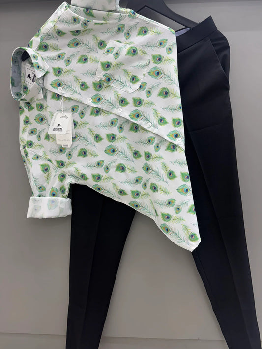 Comfortable and Stylish Peacock Leaf Print Shirt Paired with Black Formal Pants