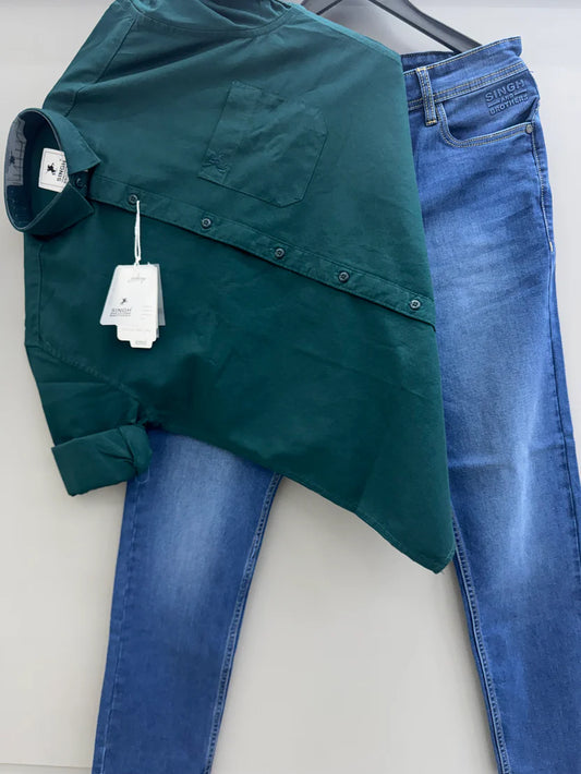 Classic Bottle Green Cotton Oxford Shirt with Light Blue Jeans for Work or Casual Wear