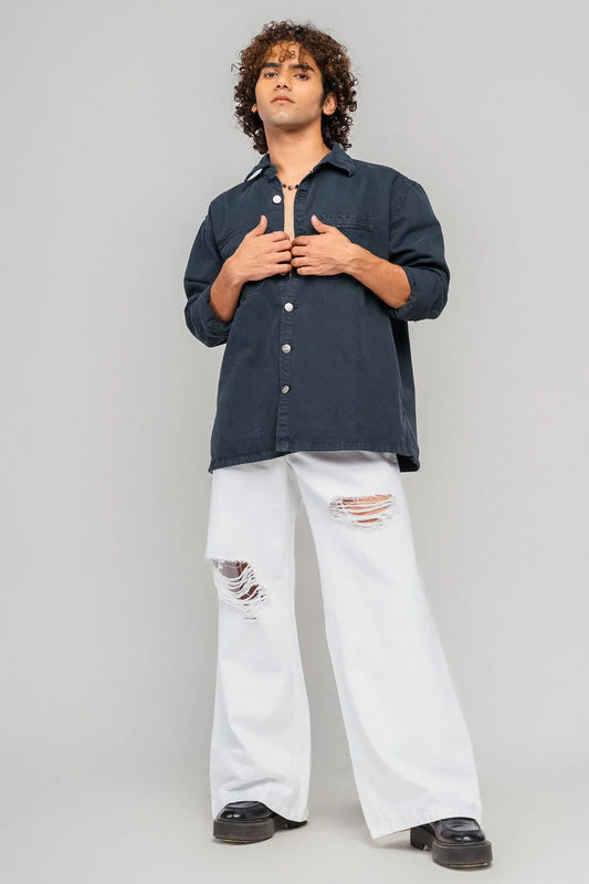 Classic White Distressed Wide-Fit Men's Denim Jeans with Comfortable Waist