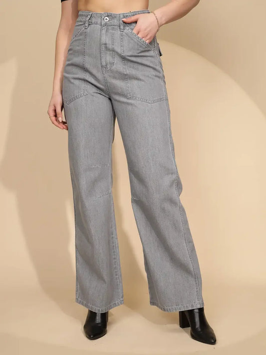 Fashion Forward Womens Grey Cotton Straight Loose Fit Jeans for Streetwear