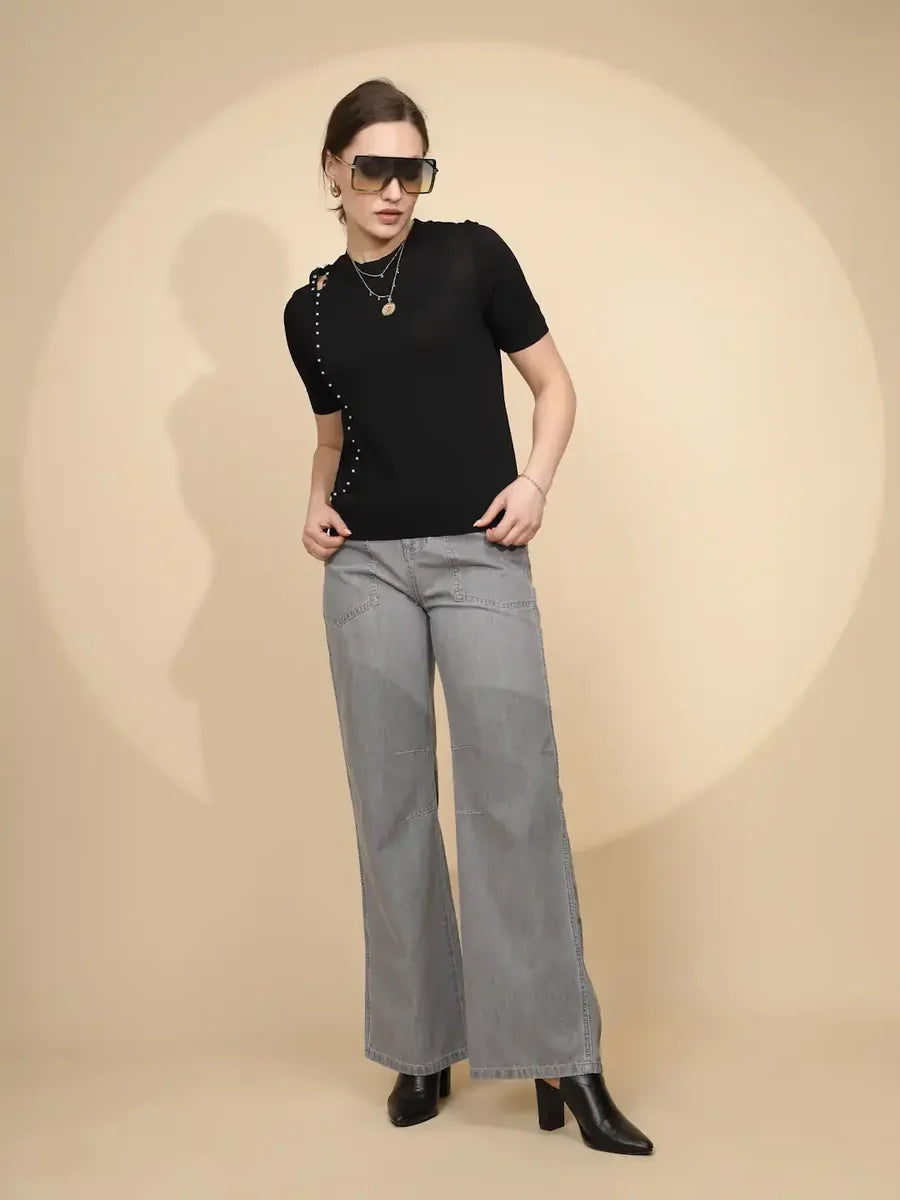 Fashion Forward Womens Grey Cotton Straight Loose Fit Jeans for Streetwear