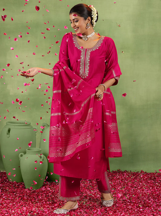 Fashionable Coral Silk Blend Straight Suit with Elegant Yoke Design and Dupatta for Women