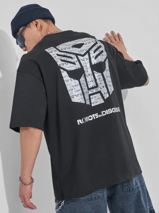 Black Oversized Fit Transformers Printed T-Shirt with Classic Round Neck for Men
