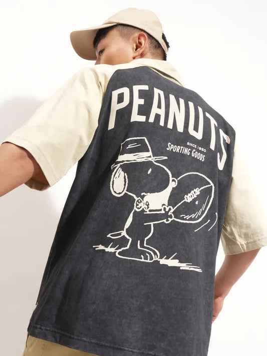 Black Peanuts Printed Polo Collar Oversized Fit T-Shirt