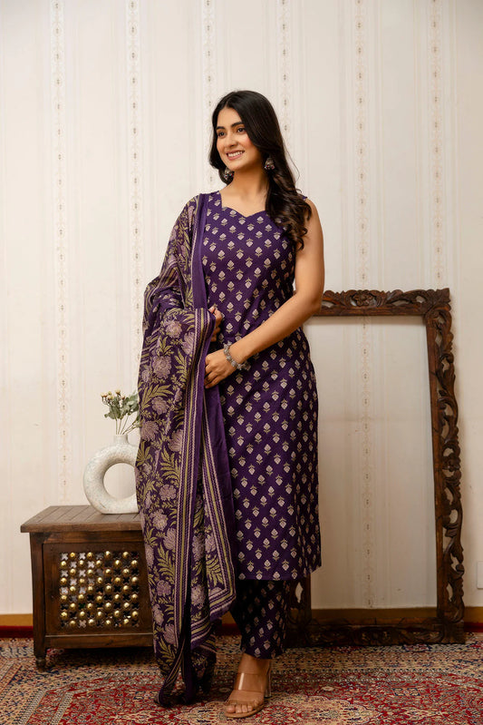Graceful Purple Printed Kurta Set with Straight Fit Trouser and Dupatta