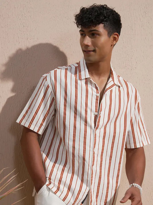 Men Red Striped Oversized Fit Casual Shirt