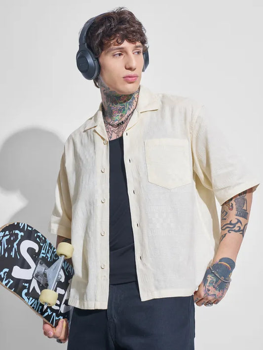 Men Cream Self Design Oversized Fit Casual Shirt