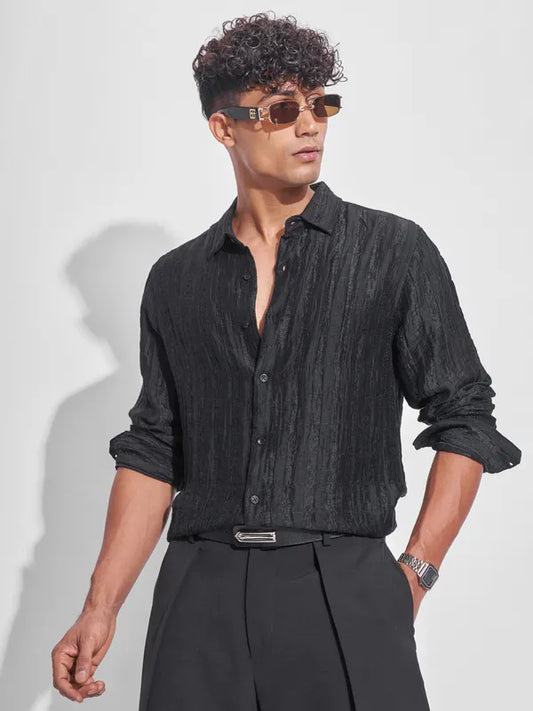 Black Self Design Oversized Fit Casual Shirt