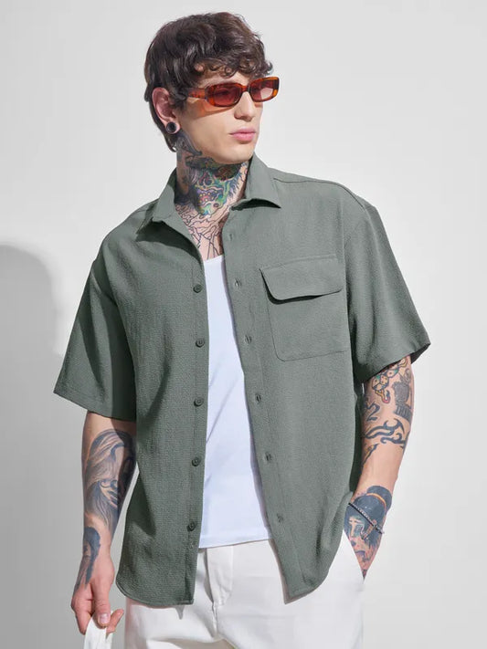 Olive Self Design Oversized Fit Casual Shirt