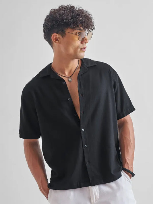Classic Black Relaxed Fit Men Solid Shirt Casual Wear for Office and Outings