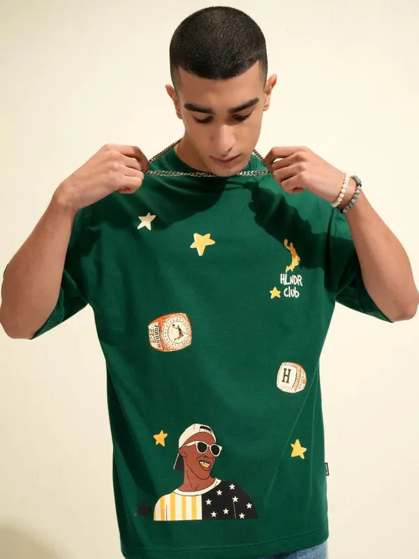 Stylish Green Printed Oversized Round Neck T-Shirt for Men’s Casual Everyday Outfits and Street Style