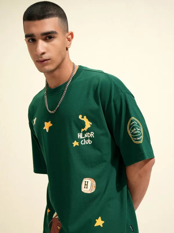 Stylish Green Printed Oversized Round Neck T-Shirt for Men’s Casual Everyday Outfits and Street Style