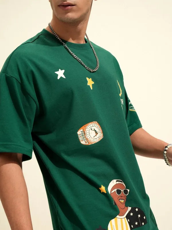 Stylish Green Printed Oversized Round Neck T-Shirt for Men’s Casual Everyday Outfits and Street Style