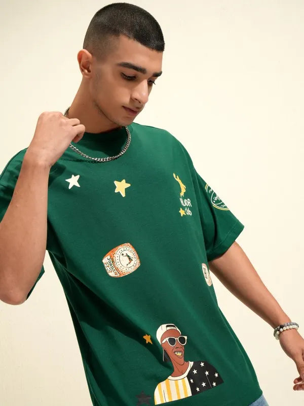 Stylish Green Printed Oversized Round Neck T-Shirt for Men’s Casual Everyday Outfits and Street Style