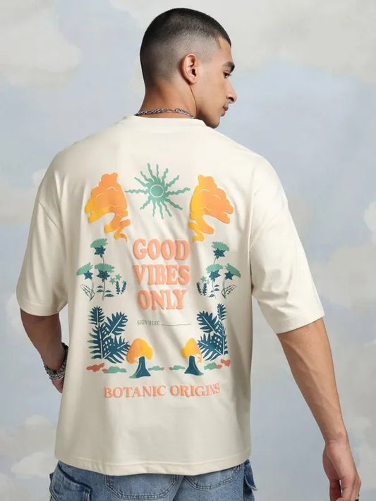 Cream Printed Round Neck Oversized Fit T-Shirt
