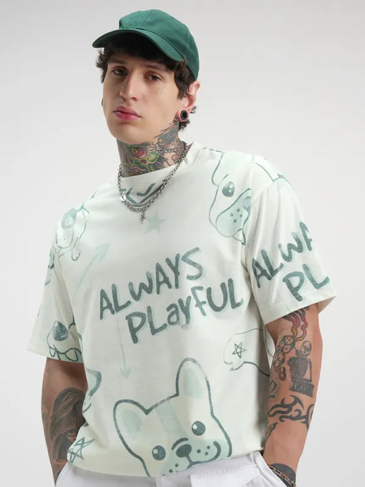 Men Off White Printed Round Neck Oversized Fit T-Shirt