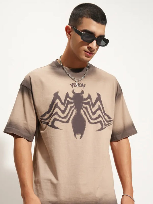 Men’s Beige Oversized Round Neck T-Shirt with Venom Graphic Print for Bold Contemporary Streetwear