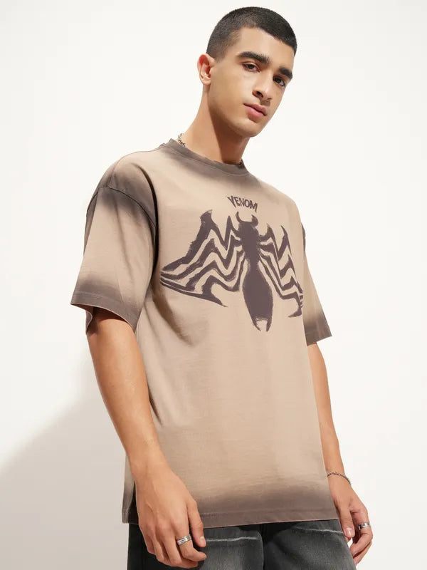 Men’s Beige Oversized Round Neck T-Shirt with Venom Graphic Print for Bold Contemporary Streetwear