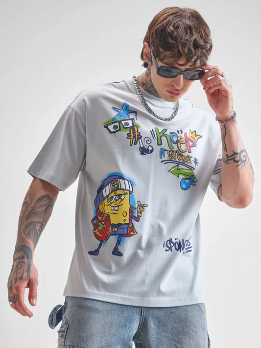 Grey Spongebob Printed Round Neck Oversized Fit T-Shirt