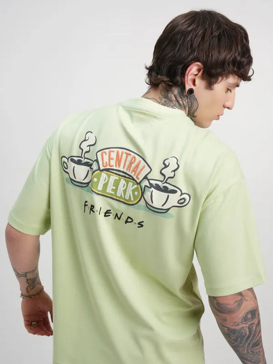 Men Green Friends Printed Round Neck Oversized Fit T-Shirt