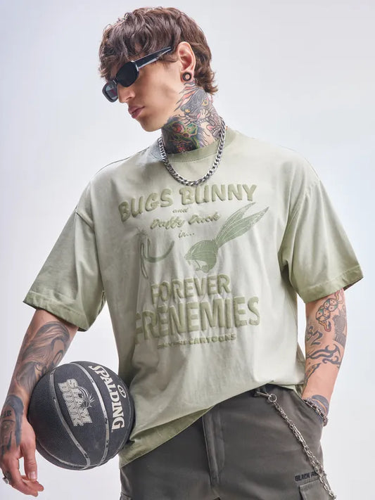 Green Looney Tunes Printed Round Neck Oversized Fit T-Shirts