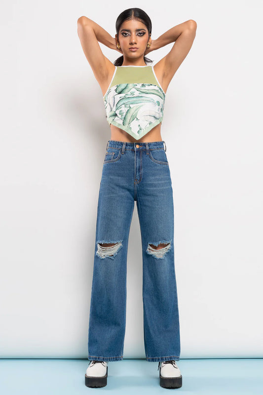 Stylish Blue Wide Fit Ripped Denim for Women