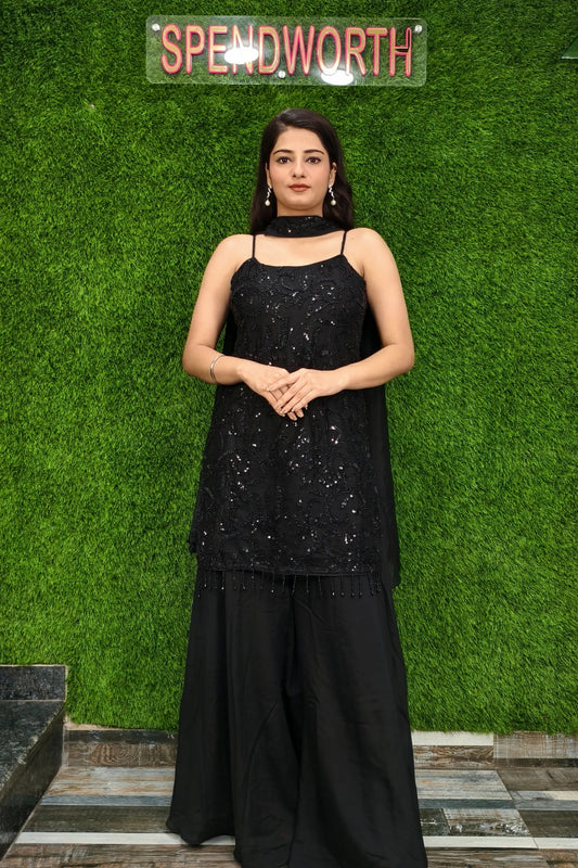 Luxurious Black Hand Work Sharara Suit with Noodle Strap Design for Women Perfect for Weddings, Festivals, and Traditional Events