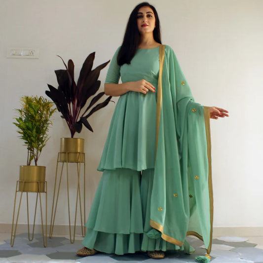 Party Wear Mint Green Sharara Suit Set with Embroidered Kurta and Dupatta in Ready-to-Wear Style for Women