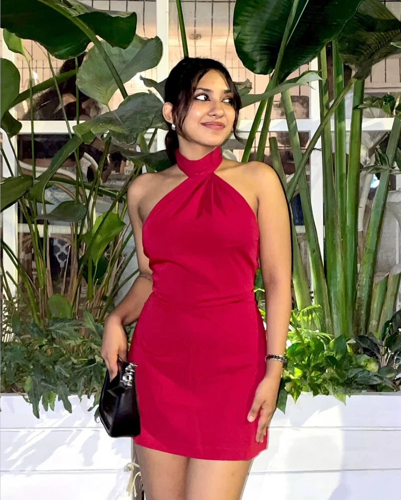 Fashionable Red Scarf Wrap Mini Dress Ideal for Weddings, Parties, and Events