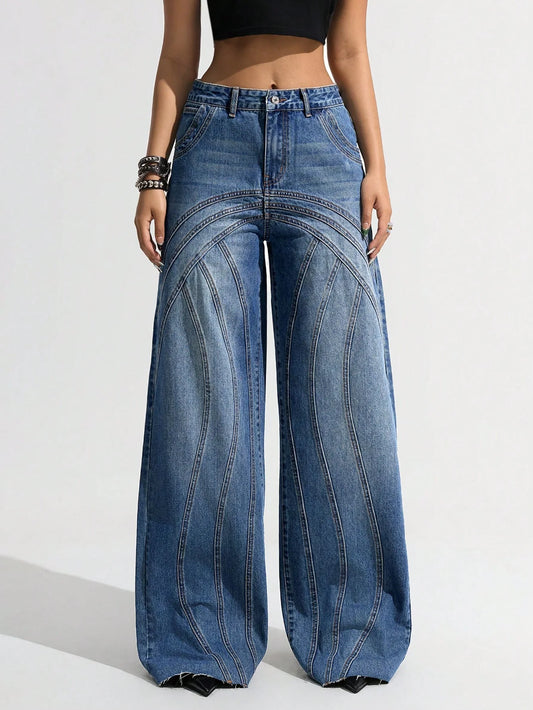 Trendy Panel Play Denim Wide Leg Jeans for Women Perfect for Streetwear and Casual Outfits