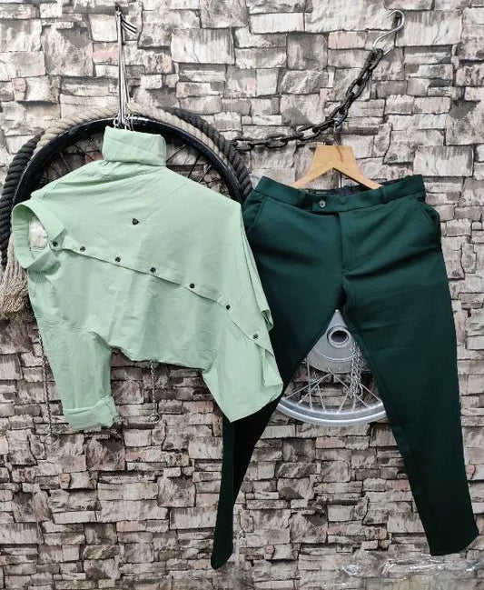 Trendy Men’s Fashion Combo – Lycra Shirt With Stretchable Pant in Pista and Green