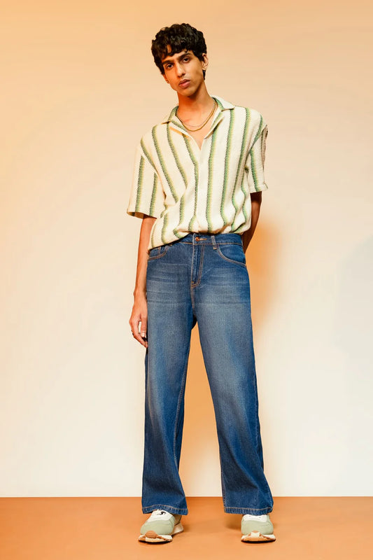 Mid Blue Men's Wide Jeans with Relaxed Streetwear Style and Durable Fabric