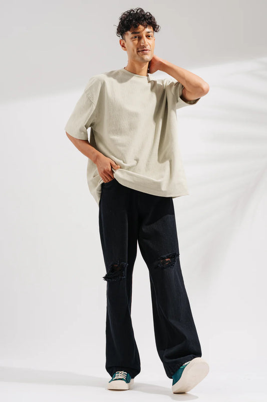 Casual Black Distressed Men's Baggy Straight Denim Jeans with Effortless Everyday Style