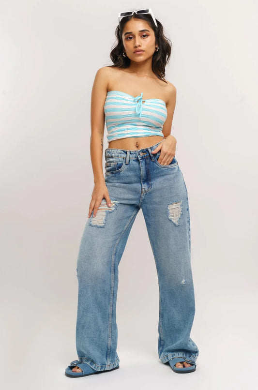 Casual Women’s Windy Blue Distressed Wide Denim Pants