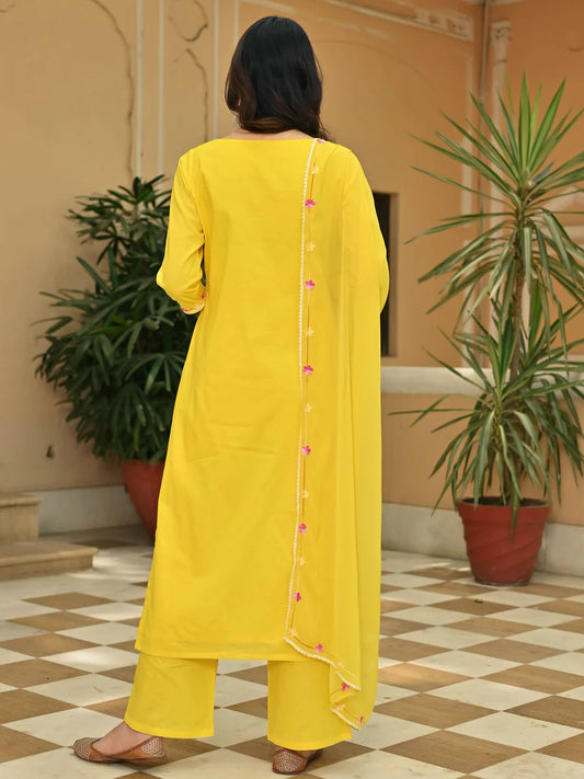 Designer Women’s Yellow Cotton Kurta Set with Detailed Aari Work for Festive, Cultural, and Party Occasions