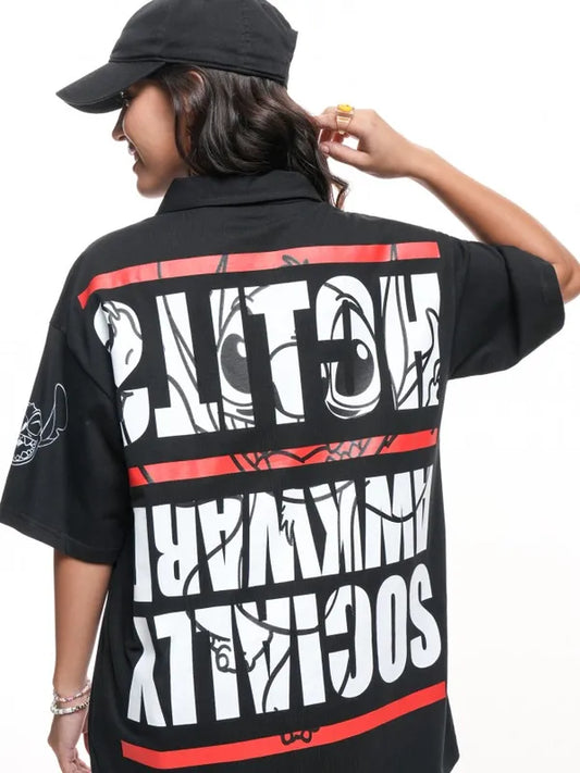 Women Black Stitch Printed Polo Neck Oversized Fit T-Shirt