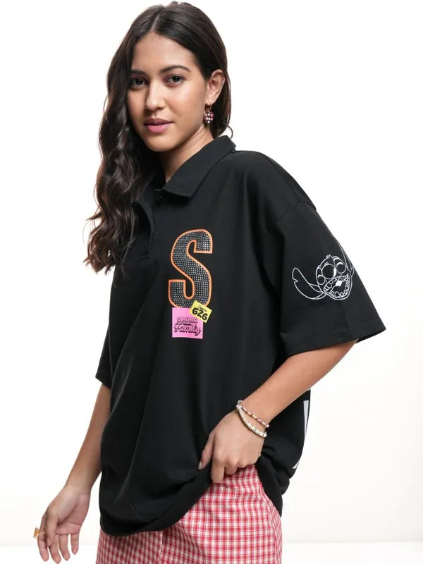 Women Black Stitch Printed Polo Neck Oversized Fit T-Shirt