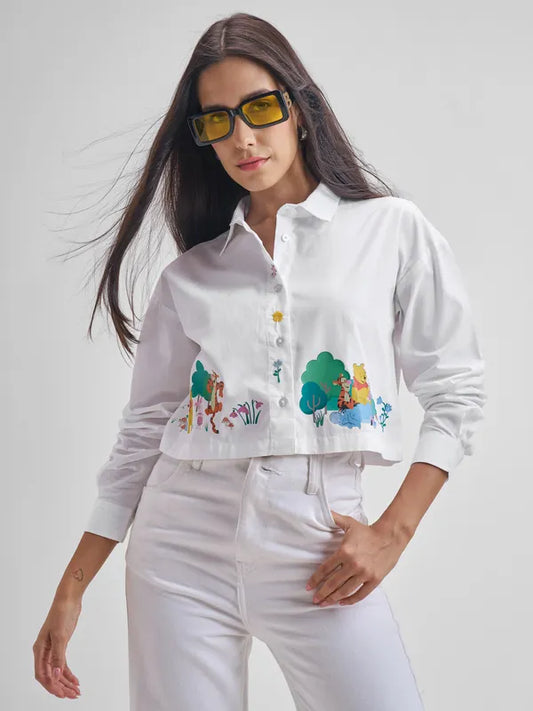 Women Trendy White Winnie The Pooh and Pals Printed Shirt Comfortable Relaxed Fit