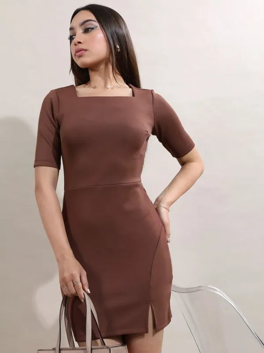 Women Brown Solid Bodycon Dress