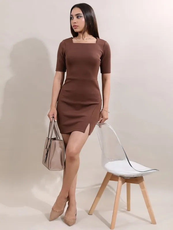 Women Brown Solid Bodycon Dress