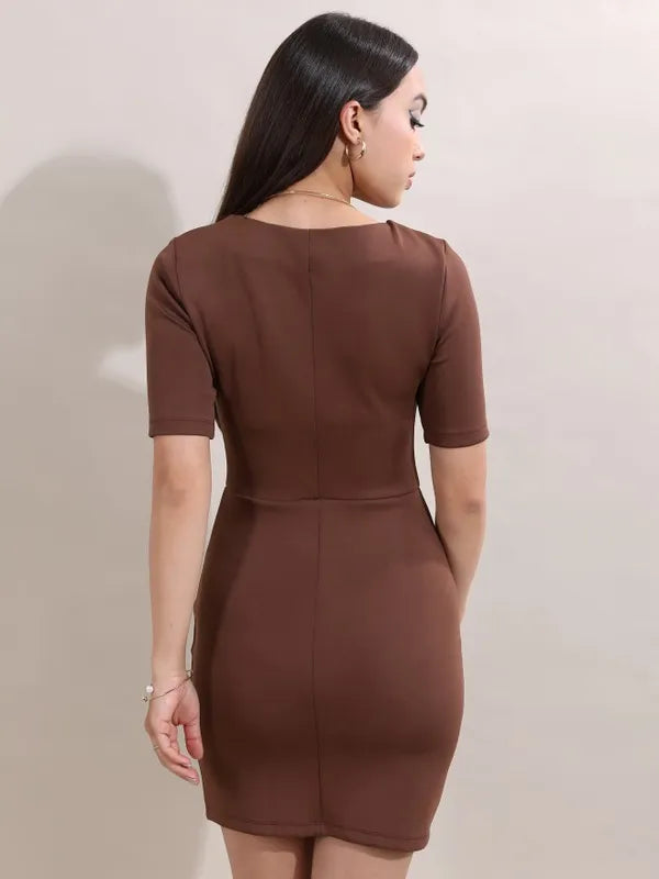 Women Brown Solid Bodycon Dress