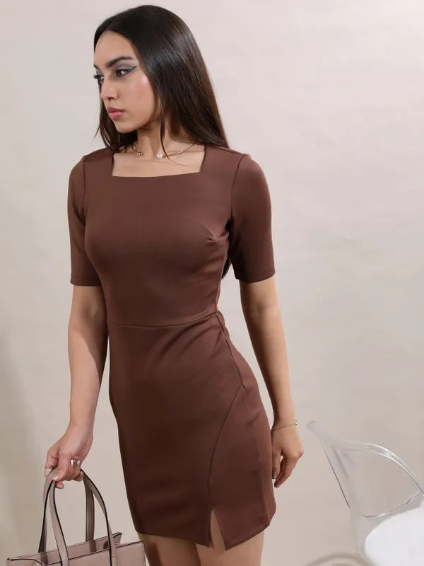 Women Brown Solid Bodycon Dress