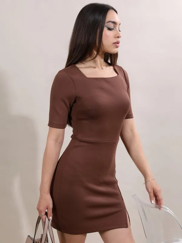 Women Brown Solid Bodycon Dress