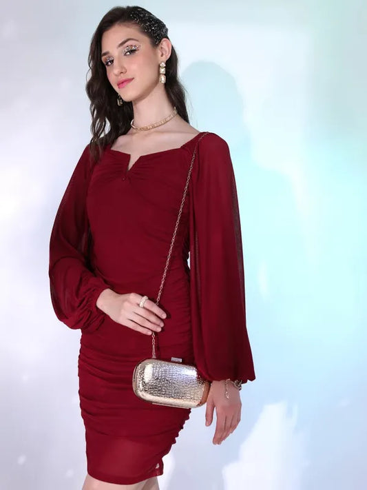 Classic Maroon Solid Bodycon Midi Dress for Women