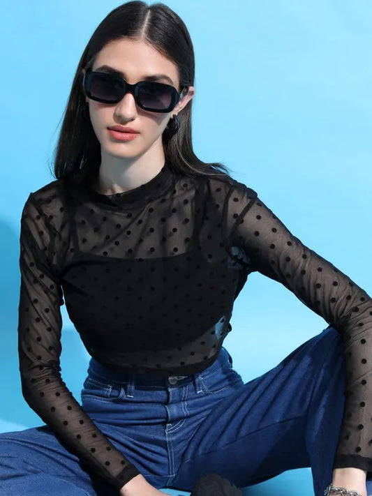 Women Black Self Design Regular Top