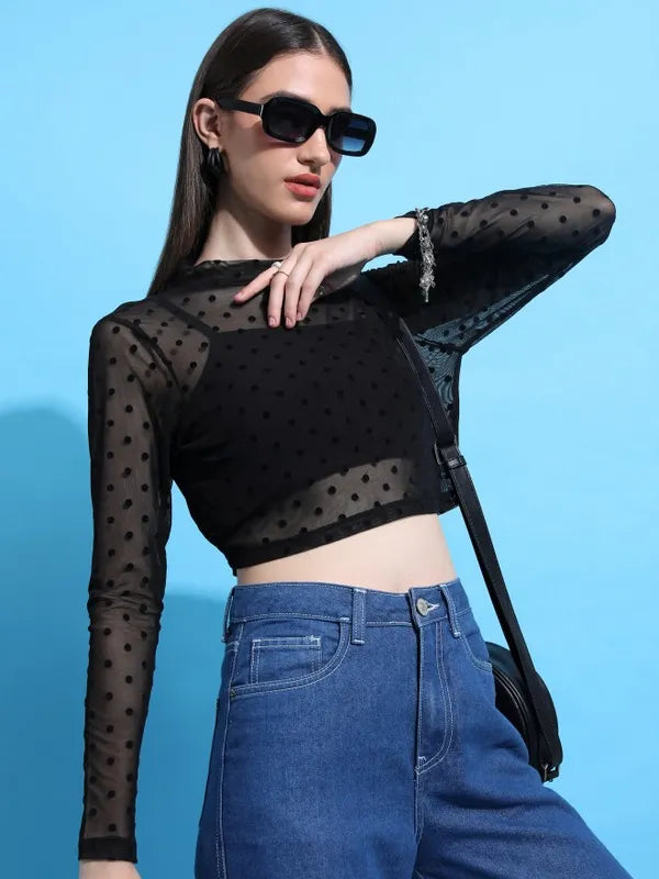 Women Black Self Design Regular Top