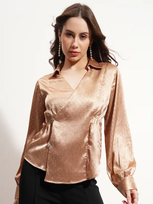 Women Beige Embellished Wrap Top